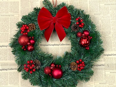 Vòng nguyệt quế Noel cổ điển nơ đỏ ĐK 40-50cm VNGQ-X-47